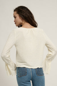 Textured Button-Front Drawstring Bell-Sleeve Top