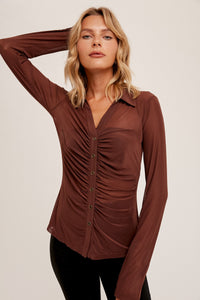Ruched Button Mesh Top