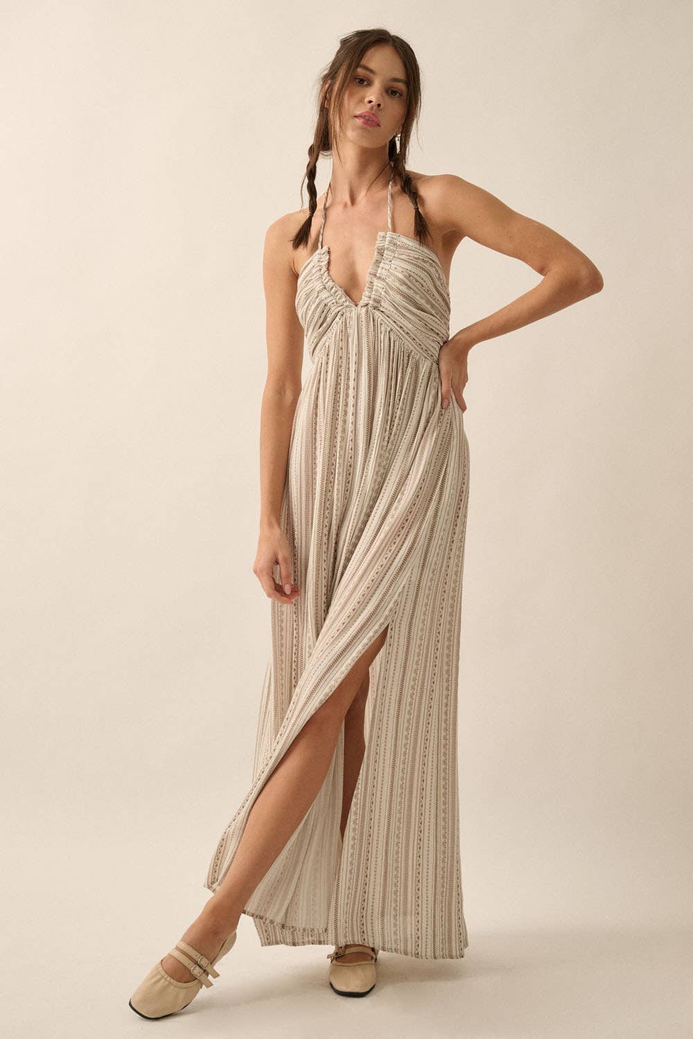 Geometric Halter Woven Maxi Dress