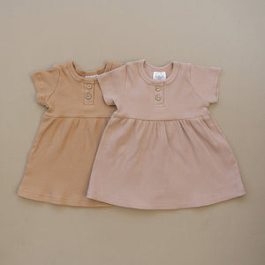 Cafe Short Sleeve Button Ribbed Organic Cotton Dress