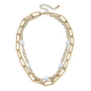 Perrie Layered Pearl & Chunky Chain Necklace in Worn Gold
