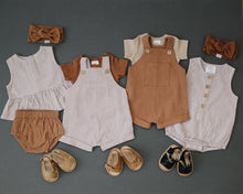 Load image into Gallery viewer, Camel + White Linen Short Overalls