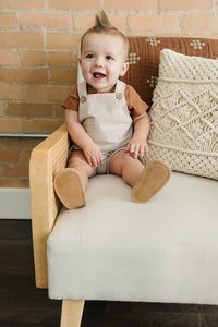 Camel + White Linen Short Overalls