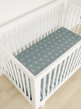 Load image into Gallery viewer, Blue X Crib Sheet Freshly Picked + Mebie Baby