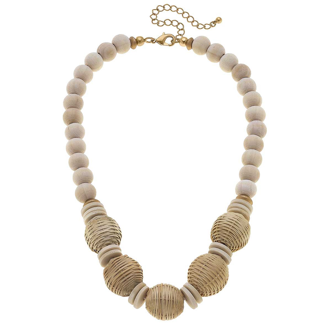 Angelina Wicker & Wood Beaded Necklace in Natural