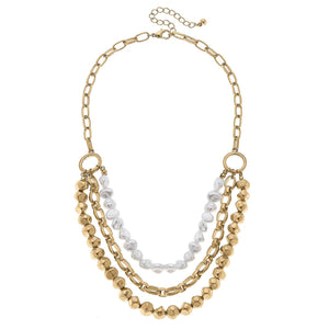 Delphi Layered Baroque Pearl & Ball Bead Chain Necklace in Worn Gold