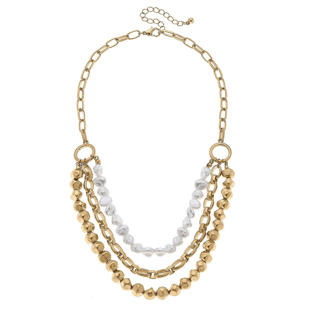 Delphi Layered Baroque Pearl & Ball Bead Chain Necklace in Worn Gold